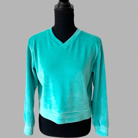 Zella Turquoise  V Neck Velvet Pullover Sweater - Picture 1 of 16